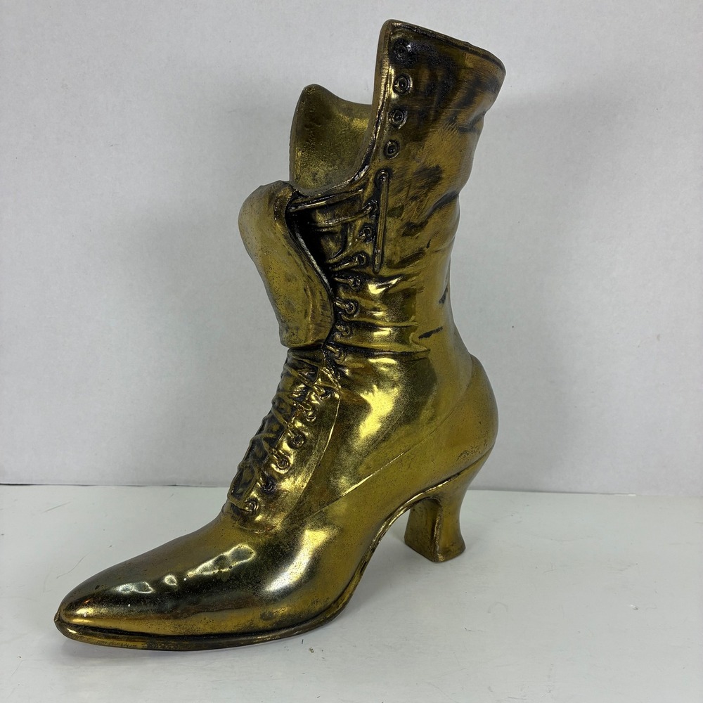 Vintage Brass Victorian Lace Up Boot Sculpture Decorative Vase Antique Style